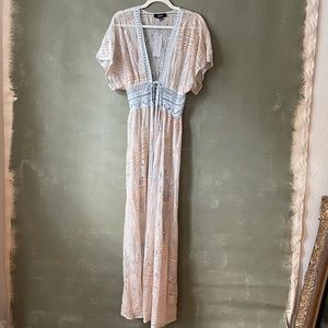 NWT aakaa peach and light blue lace maxi kimono